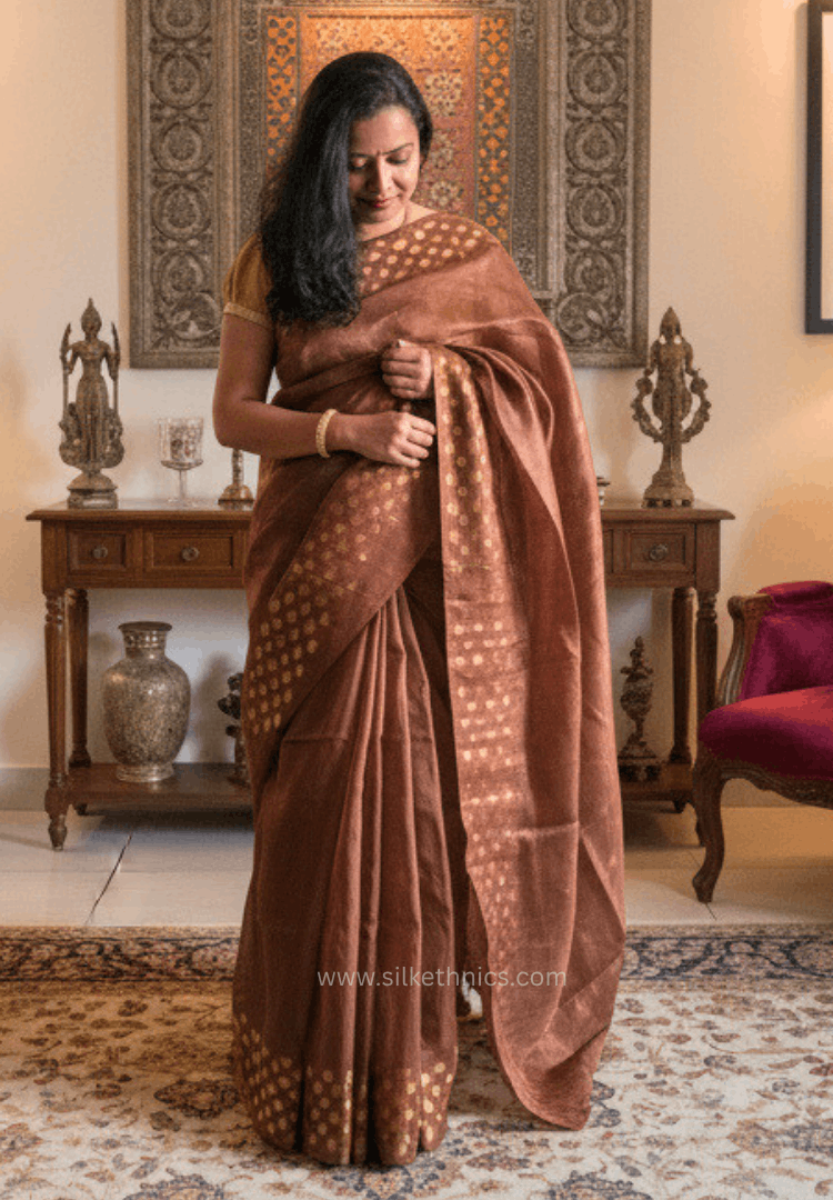 Dark Bronze Kota Linen Silk cutwork saree