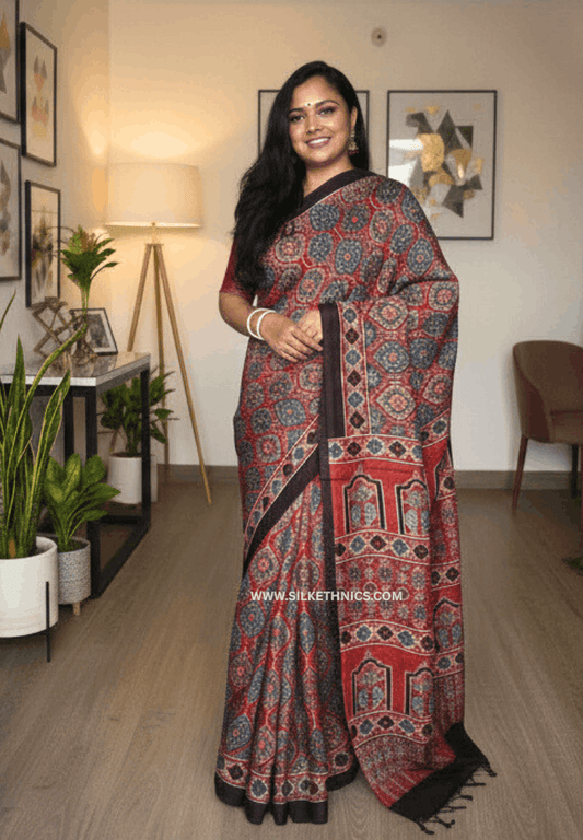 Rust Red Ajrakh handblock printed modal saree