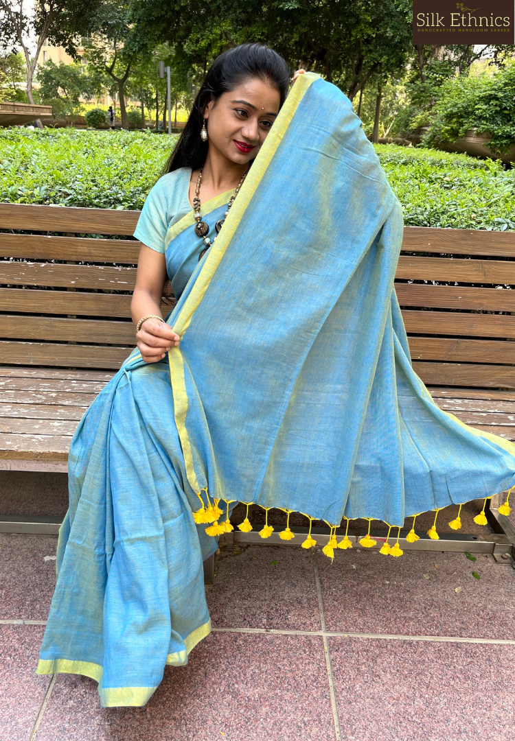 Cyan Blue pure Handloom saree