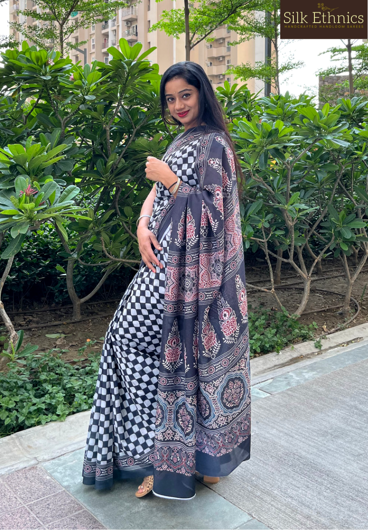 Black checks Ajrakh soft silk saree