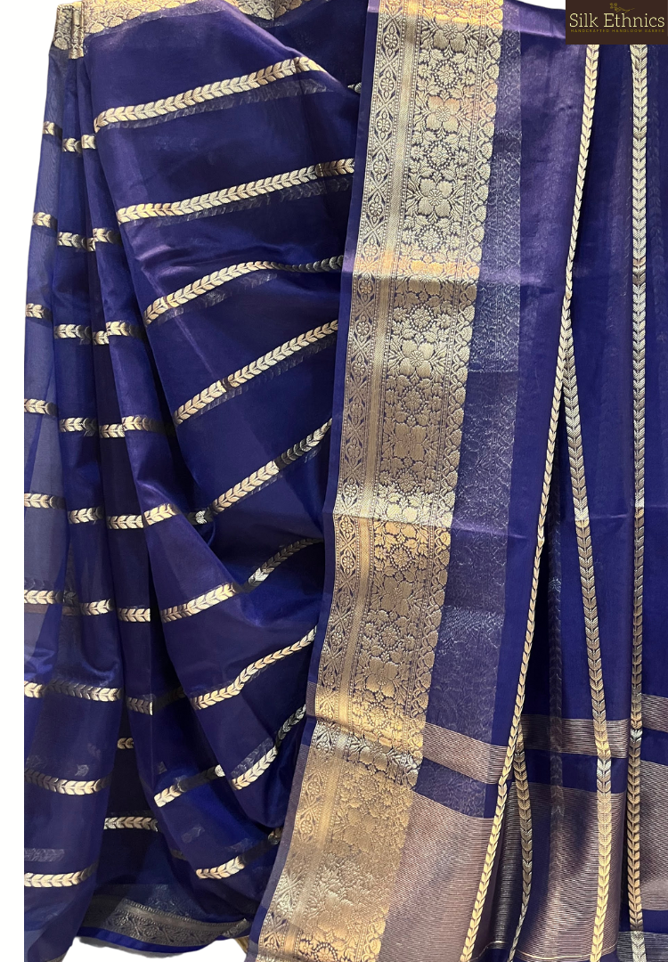 Indigo blue kora organza silk saree