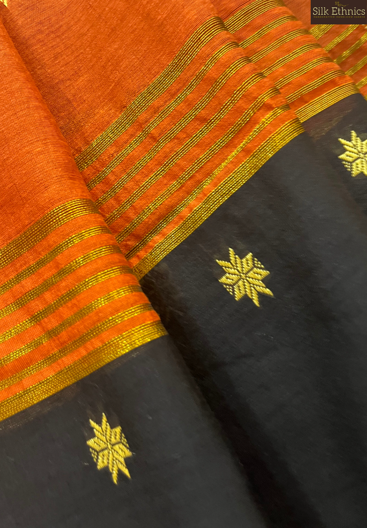 Vibrant orange Maheswari silkcotton saree