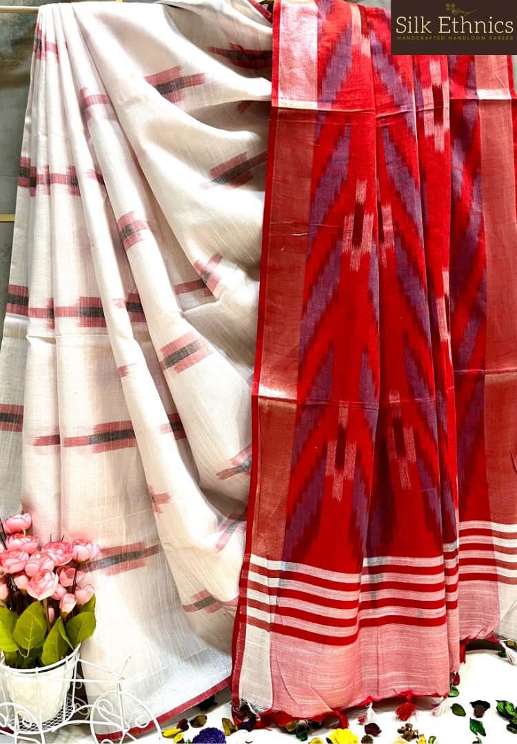 White and red linen ikkat weaving saree