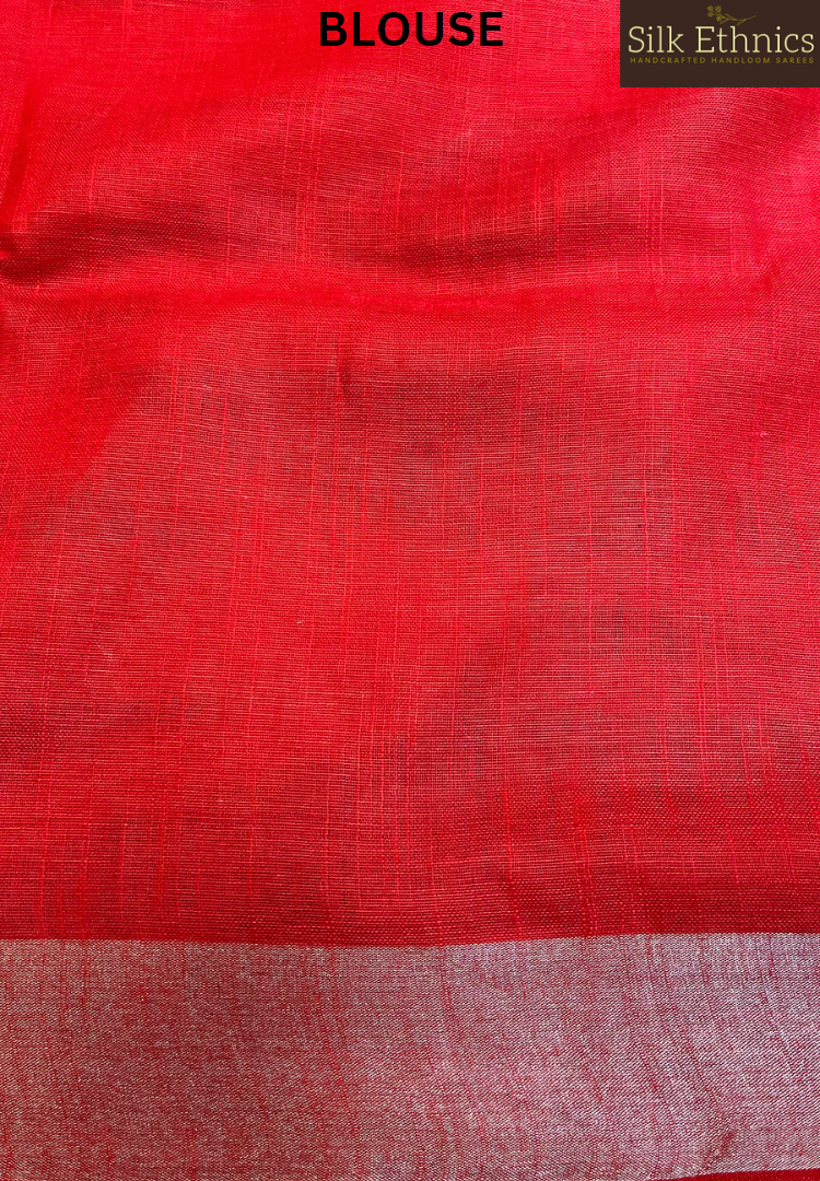 White and red linen ikkat weaving saree