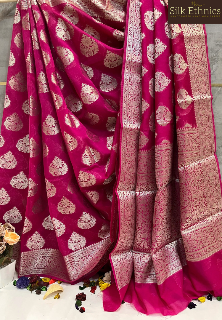 Raspberry pink Banarasi geogette silk saree