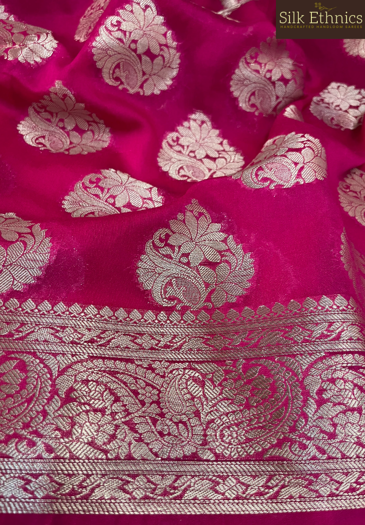 Raspberry pink Banarasi geogette silk saree