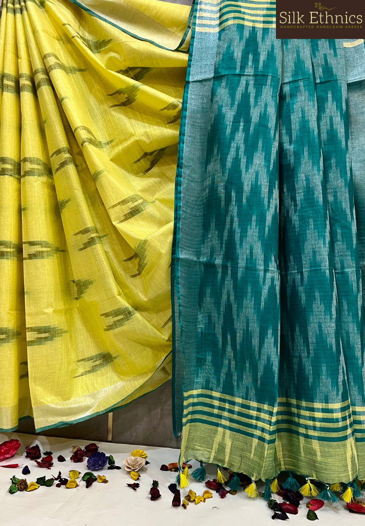 Lemon yellow and green linen ikkat weaving saree