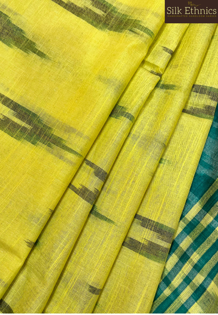 Lemon yellow and green linen ikkat weaving saree