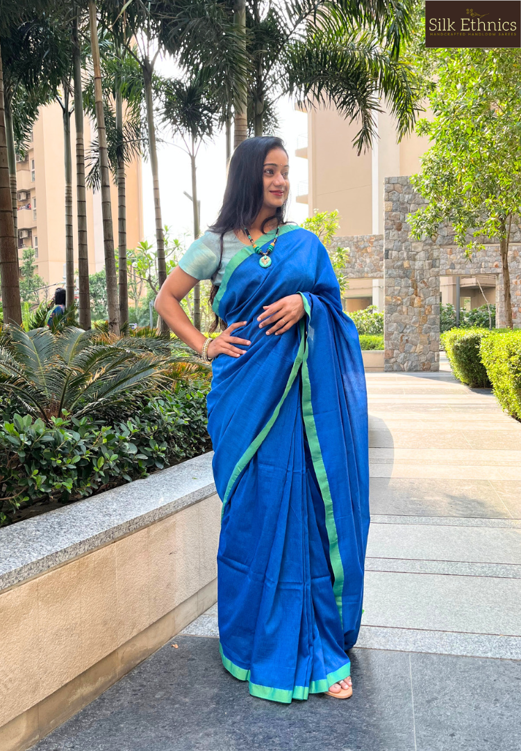 Handloom Saree with Navy Blue and Beige Checks - Byhand I Indian Ethnic  Wear Online I Sustainable Fashion I Handmade Clothes