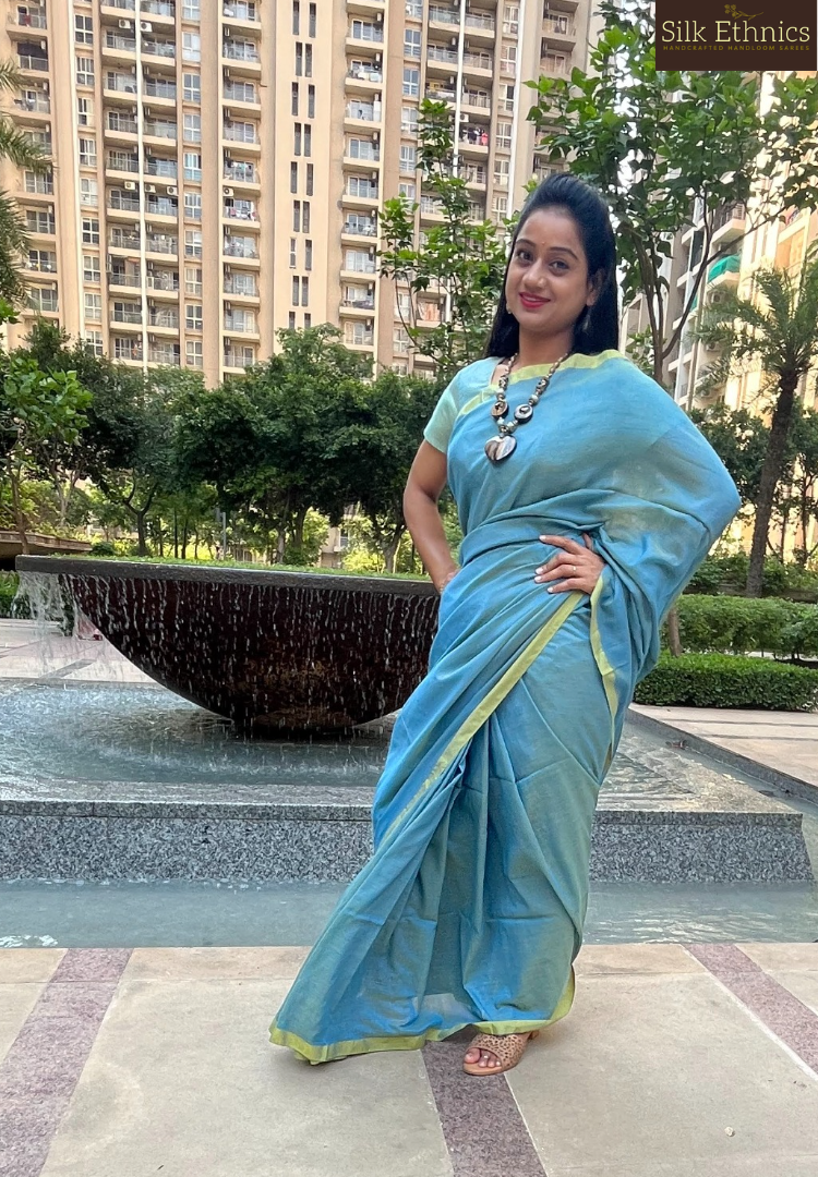 Cyan Blue pure Handloom saree