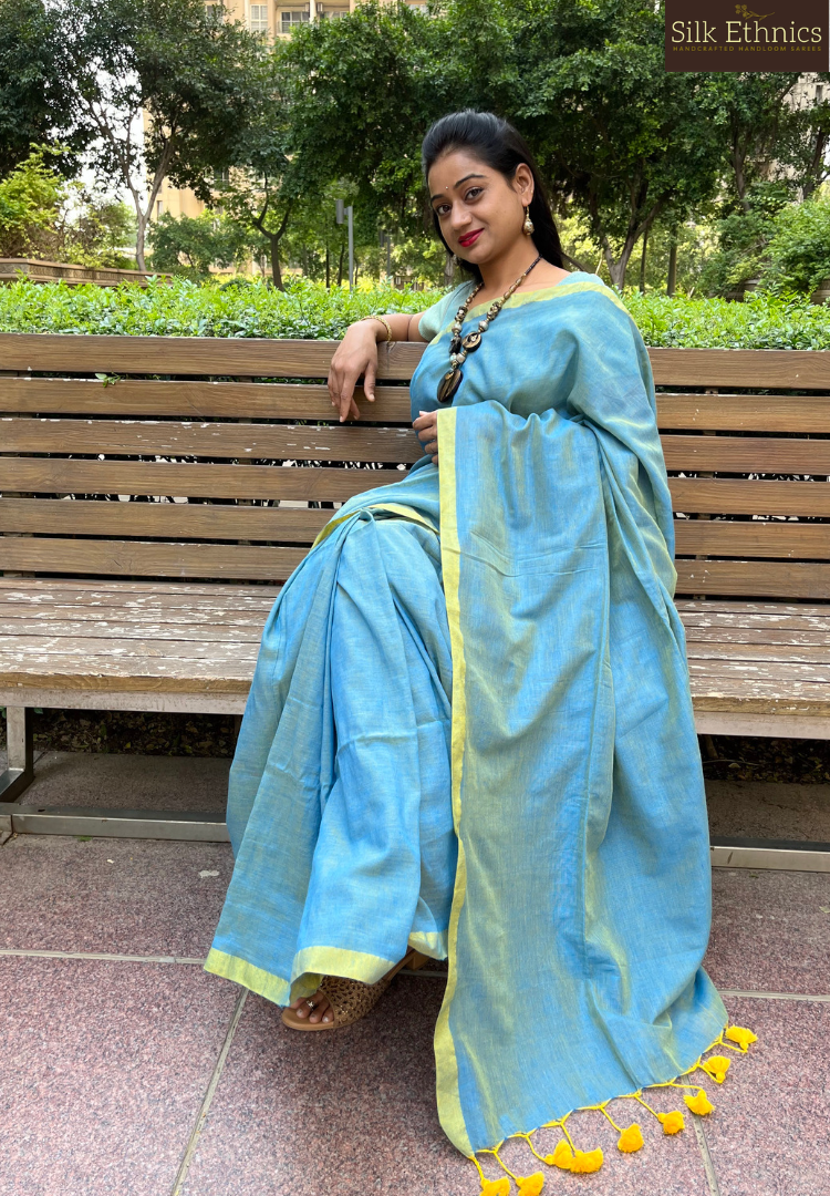 Cyan Blue pure Handloom saree