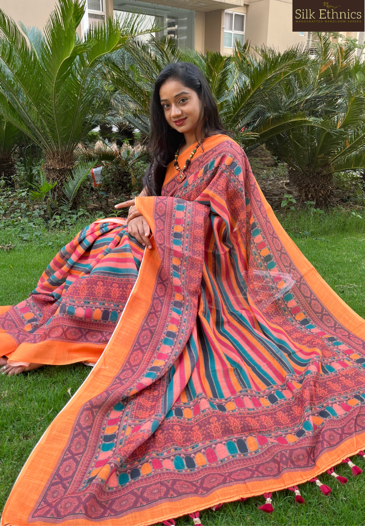 Traditional Ikkat Patola multicoloured linen saree