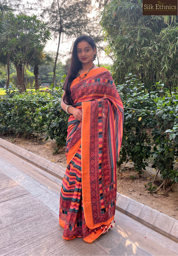 Traditional Ikkat Patola multicoloured linen saree