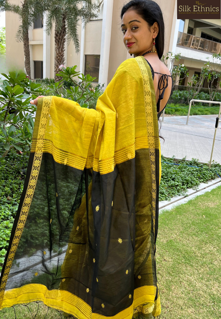 Golden yellow Maheswari silkcotton saree