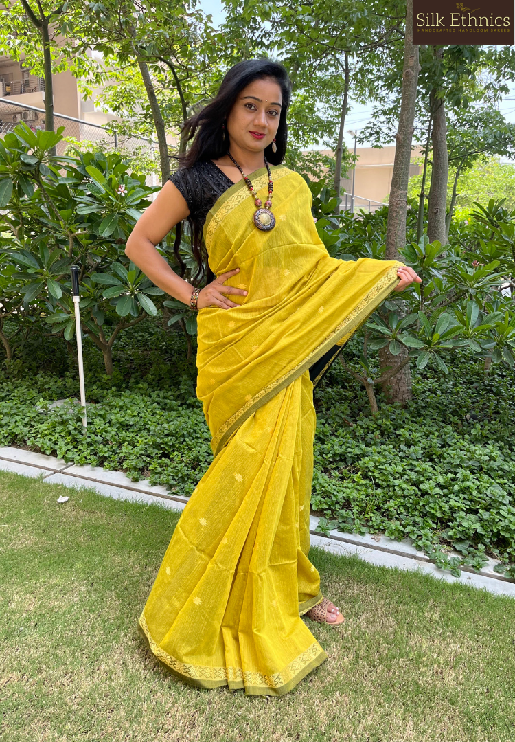 Golden yellow Maheswari silkcotton saree