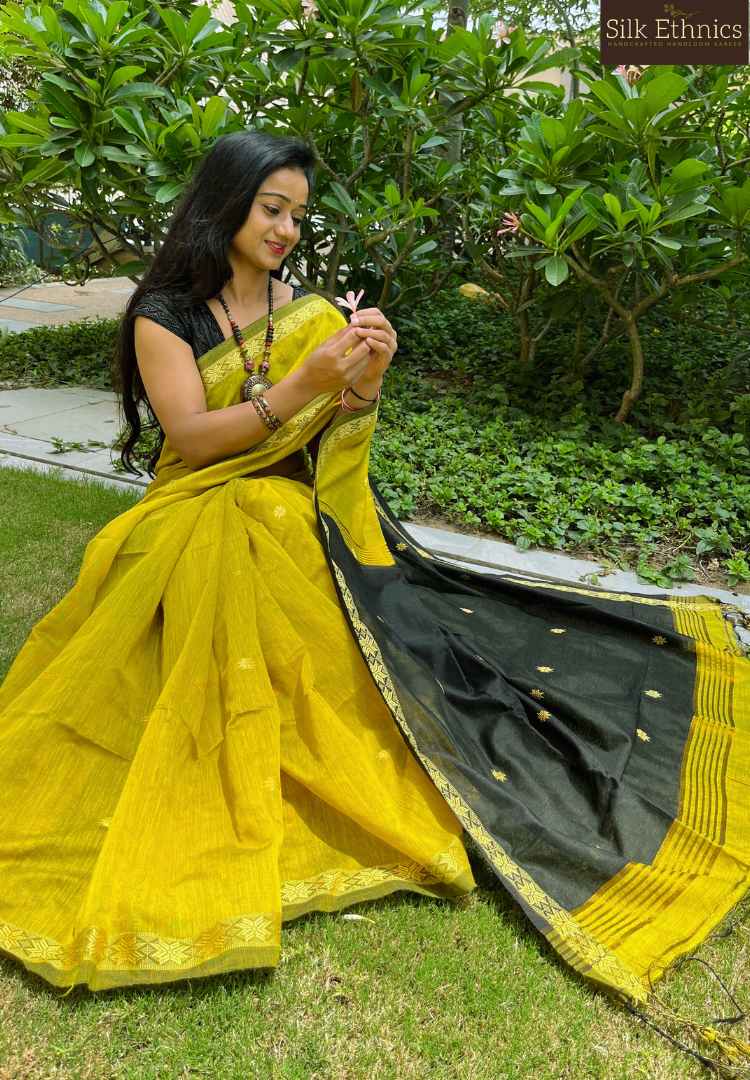 Golden yellow Maheswari silkcotton saree