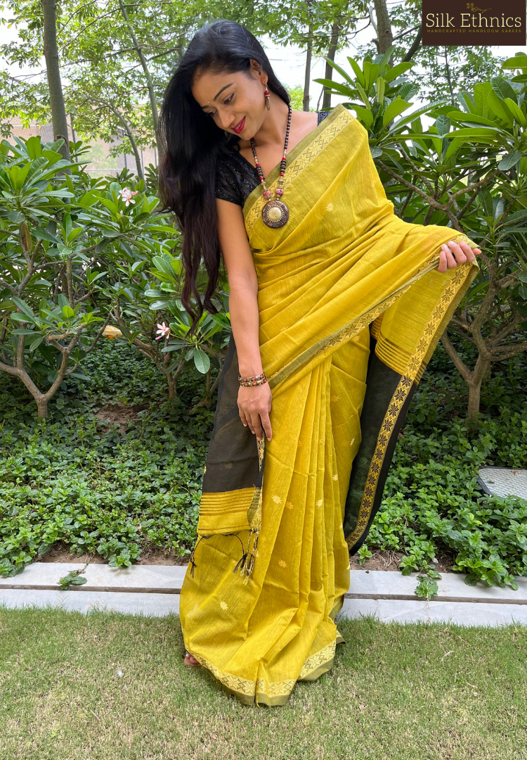 Golden yellow Maheswari silkcotton saree