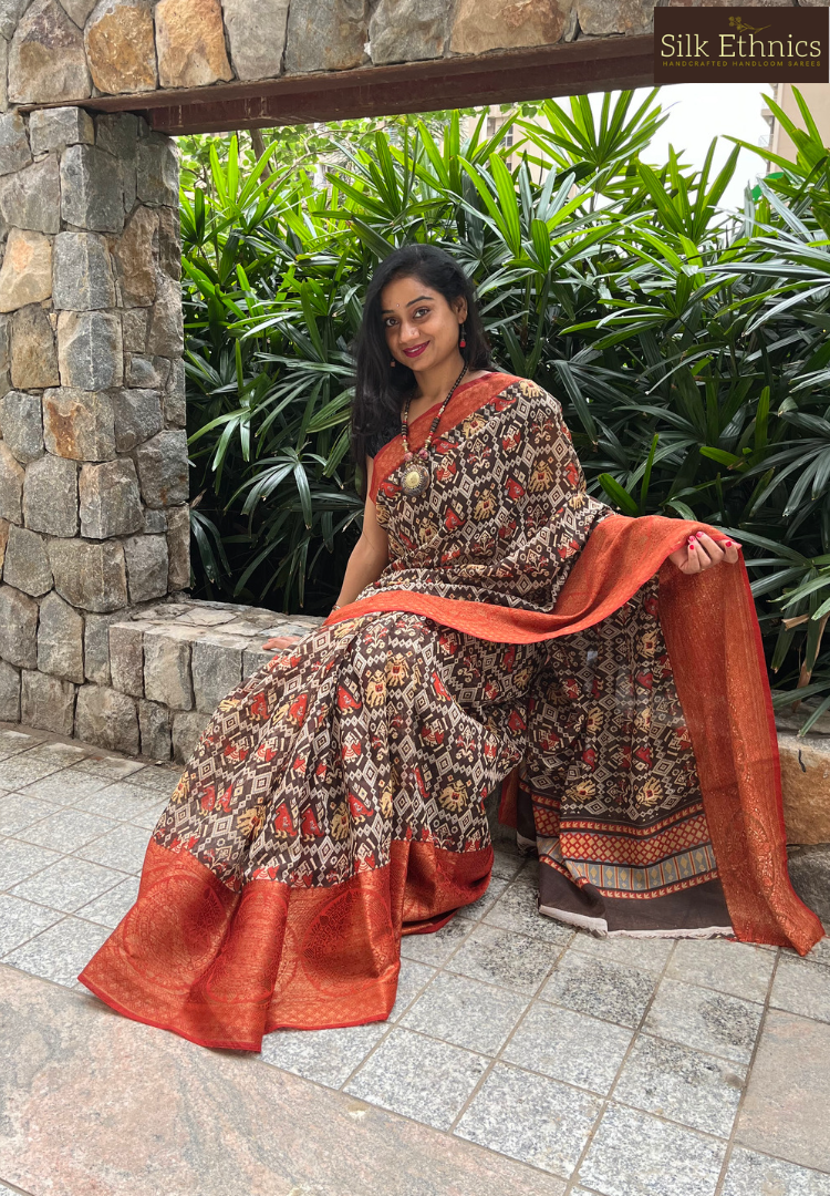 Rich Chocolate and red soft silk saree