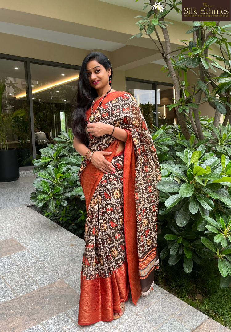 Rich Chocolate and red soft silk saree