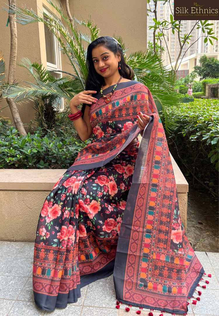 Black Ikkat Patola linen saree