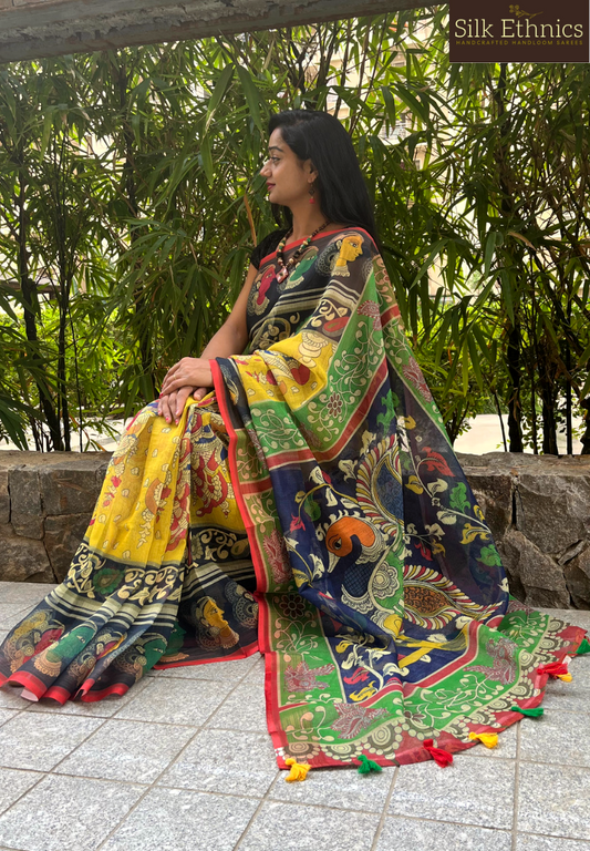 Yellow pure linen Kalamkari  saree