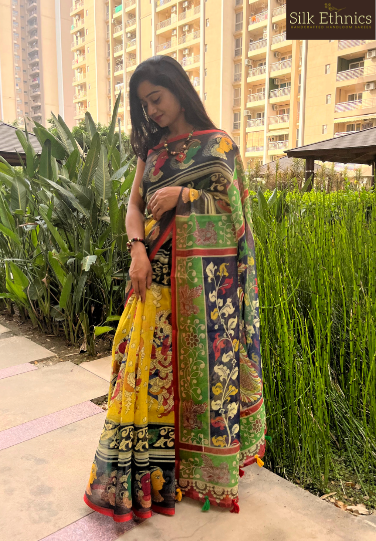 Yellow pure linen Kalamkari  saree