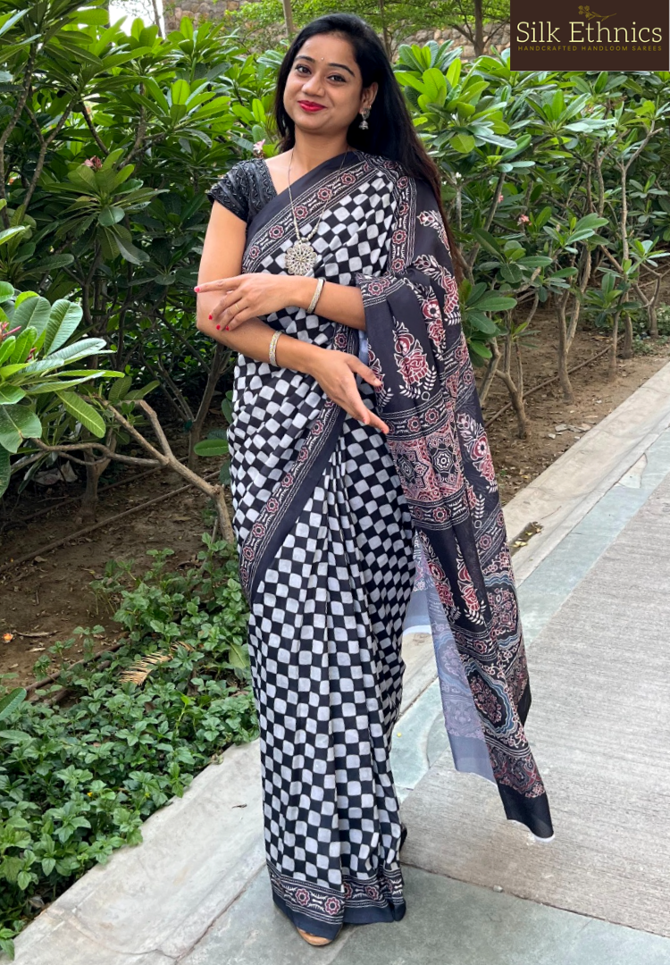 Black checks Ajrakh soft silk saree