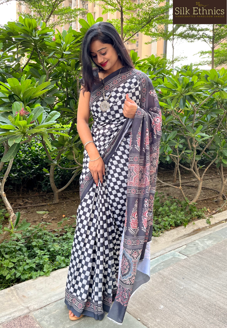 Black checks Ajrakh soft silk saree