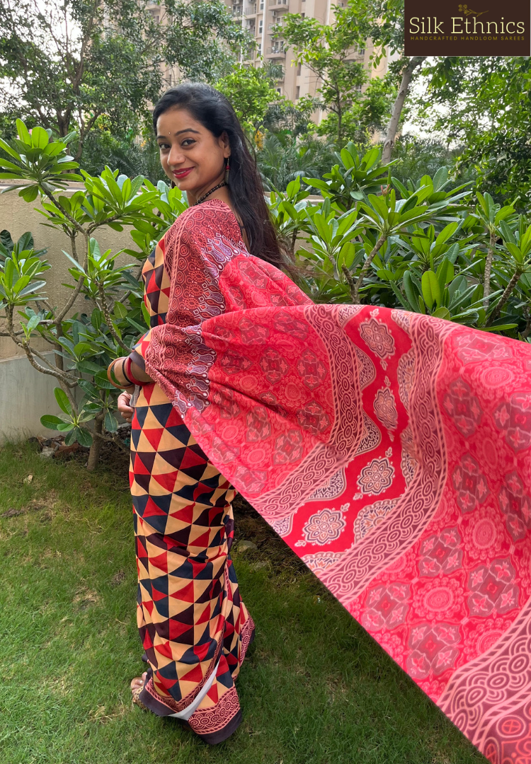 Geometrical design multicoloured Ajrakh saree