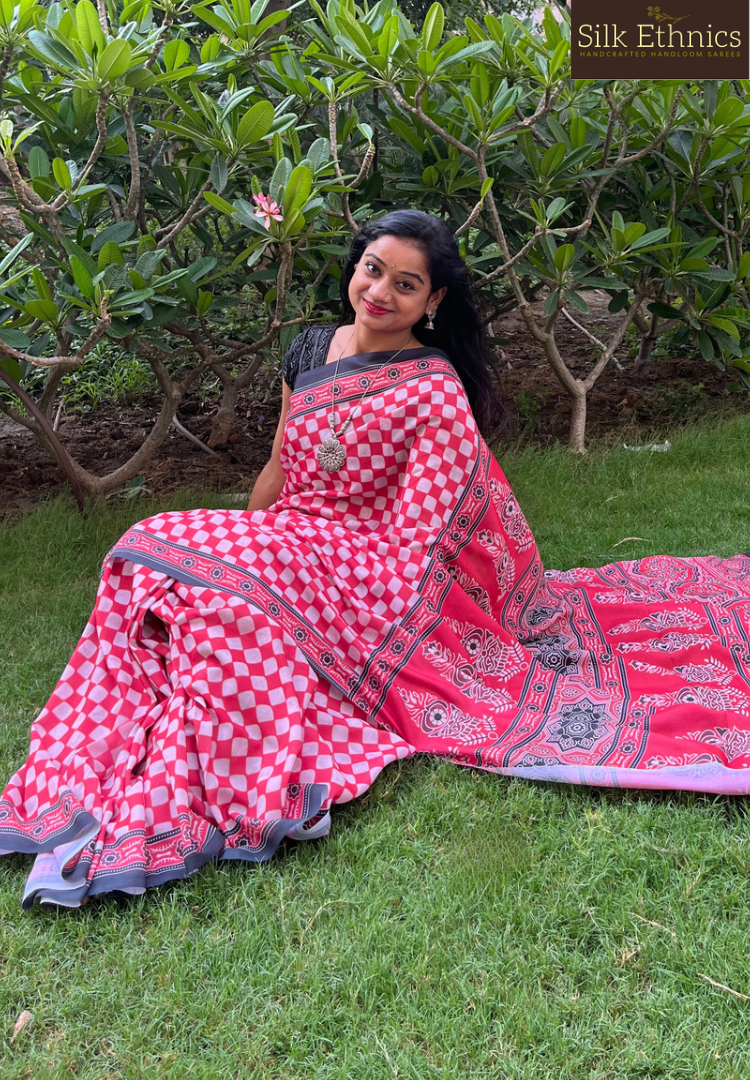 Pink and white checkered Ajrakh soft silk saree