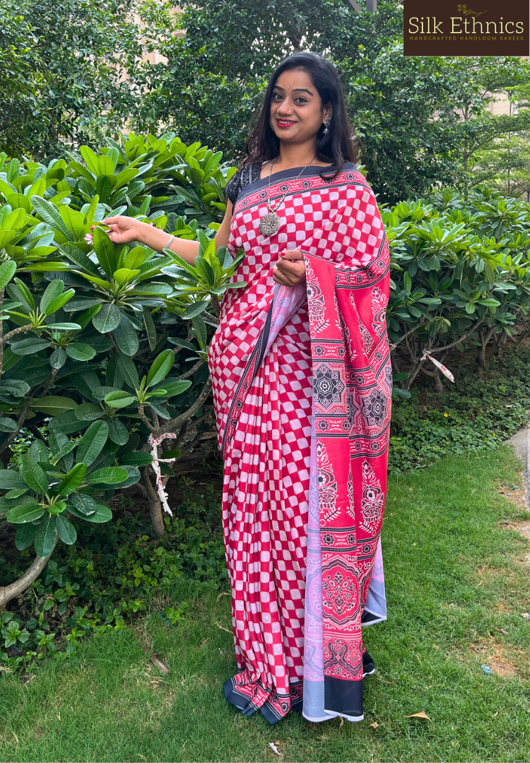 Pink and white checkered Ajrakh soft silk saree