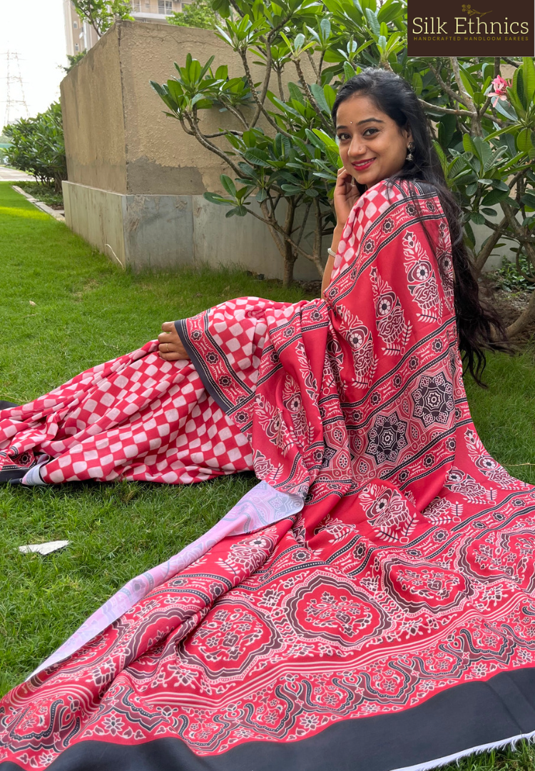 Pink and white checkered Ajrakh soft silk saree