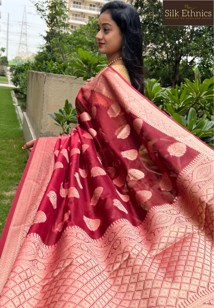 Rich maroon Kora organza silk saree