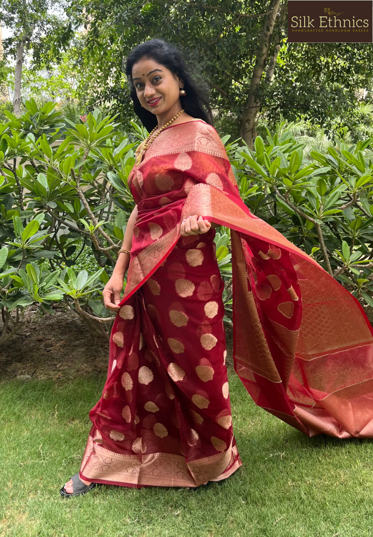 Rich maroon Kora organza silk saree