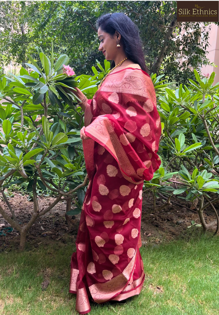 Rich maroon Kora organza silk saree