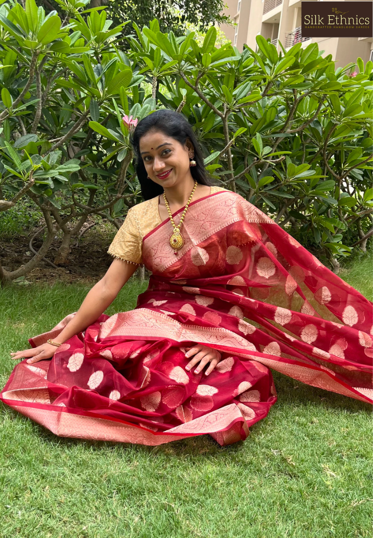 Rich maroon Kora organza silk saree