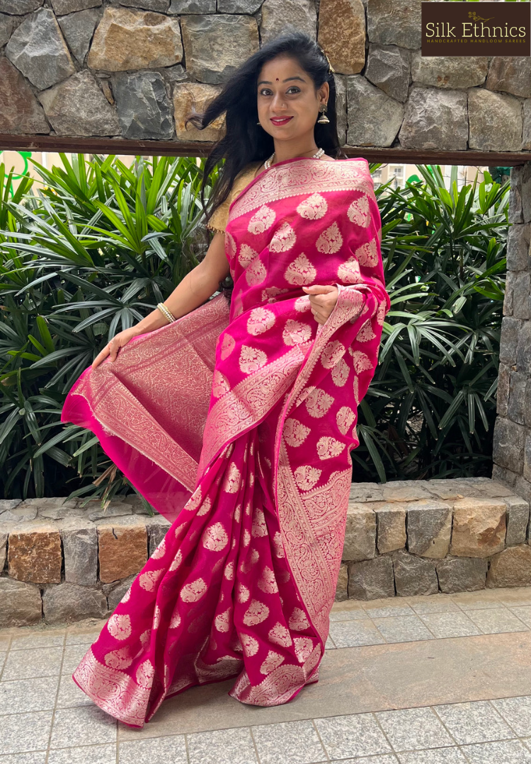 Raspberry pink Banarasi geogette silk saree