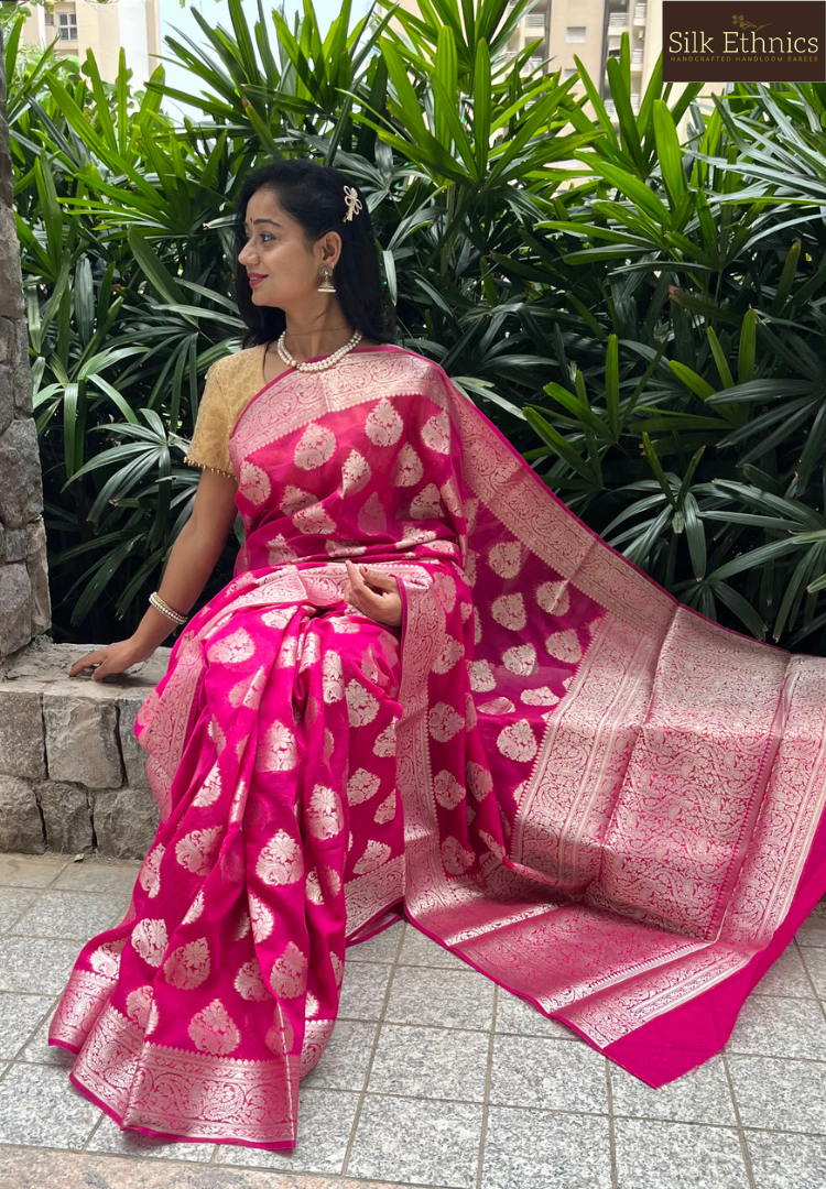 Raspberry pink Banarasi geogette silk saree