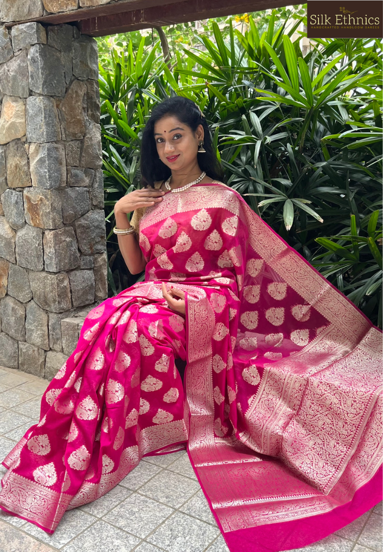 Raspberry pink Banarasi geogette silk saree