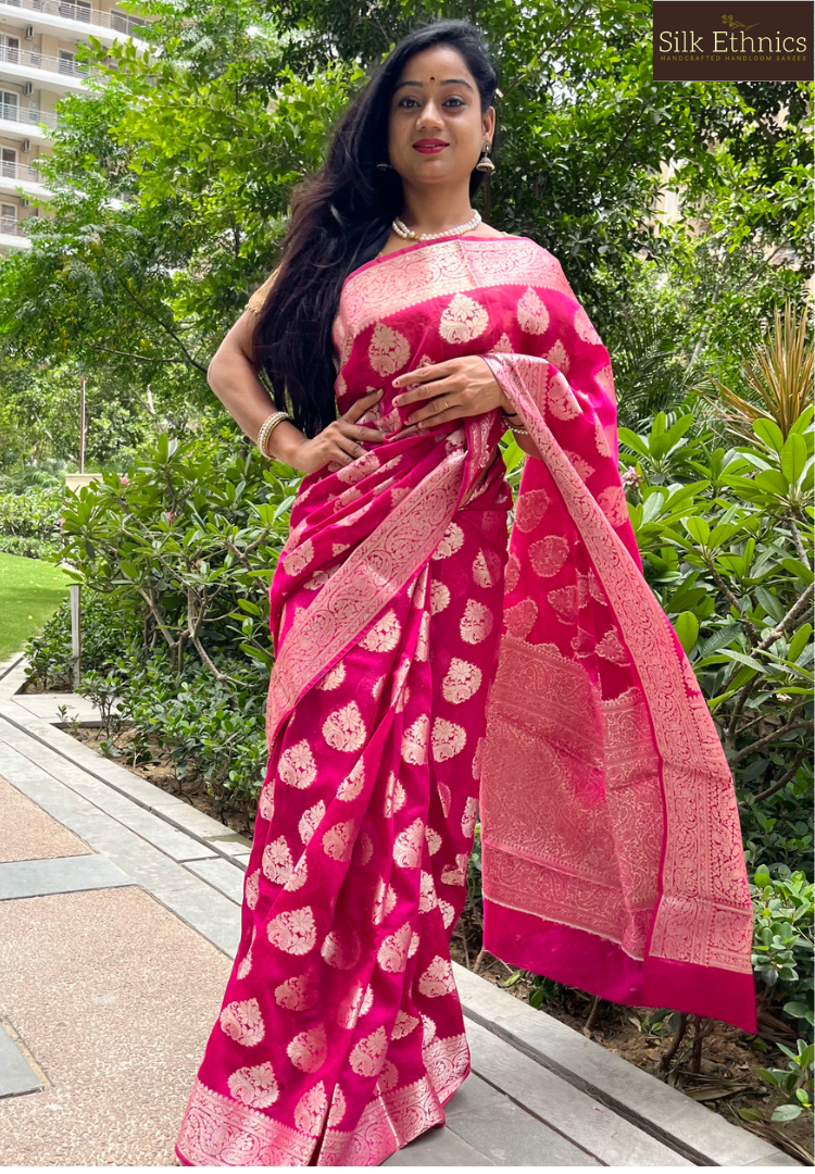 Raspberry pink Banarasi geogette silk saree