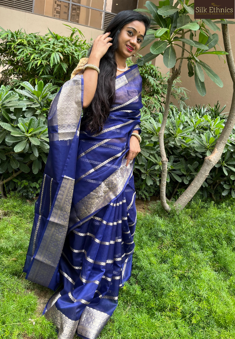 Indigo blue kora organza silk saree