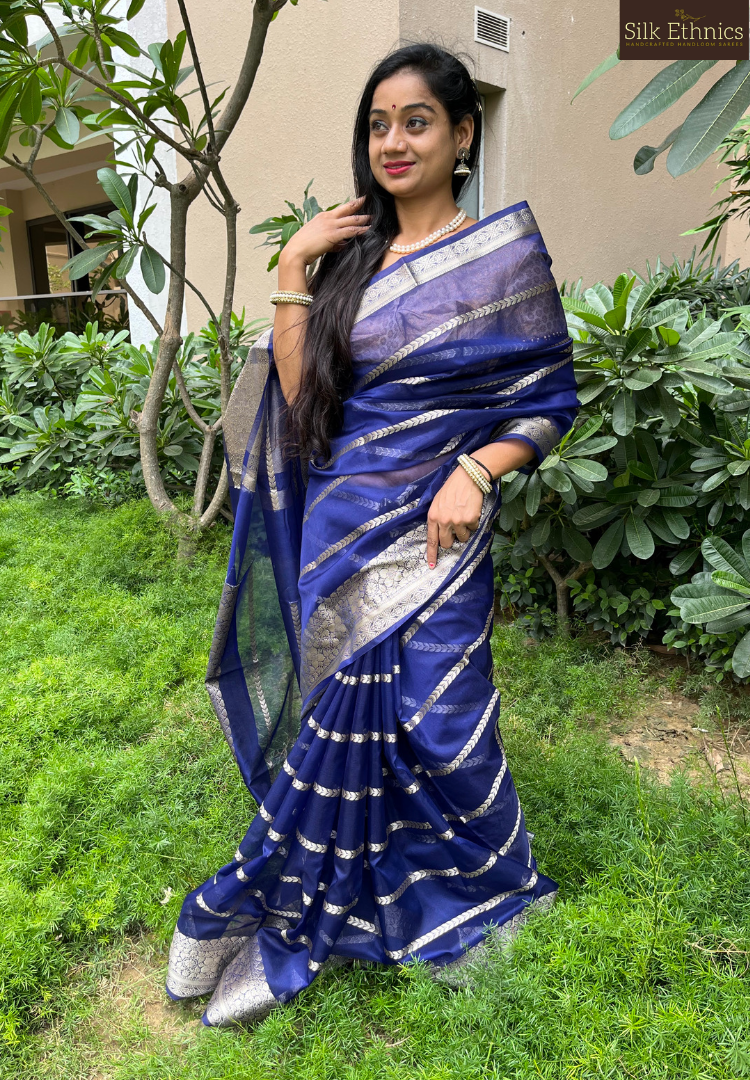 Indigo blue kora organza silk saree