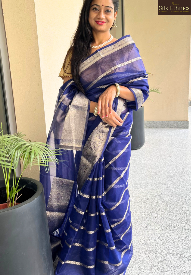 Indigo blue kora organza silk saree