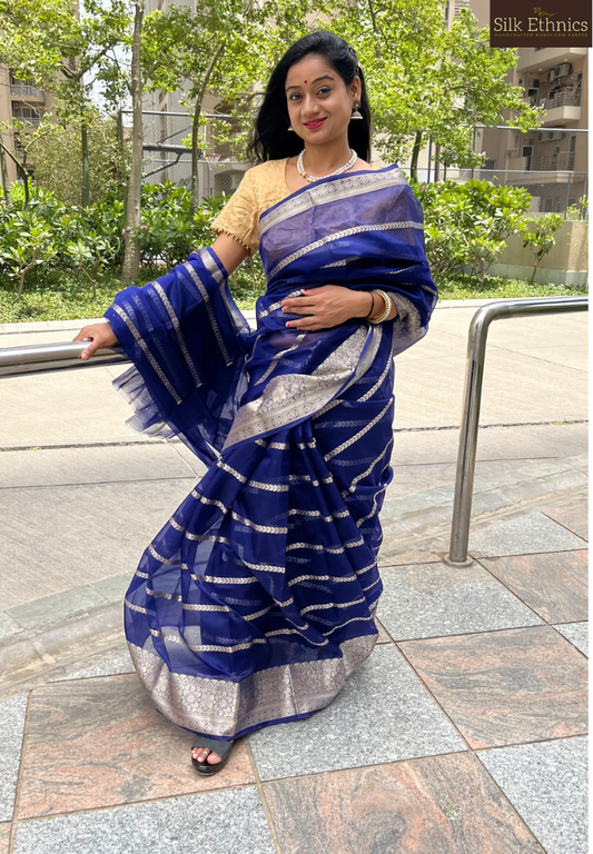 Indigo blue kora organza silk saree