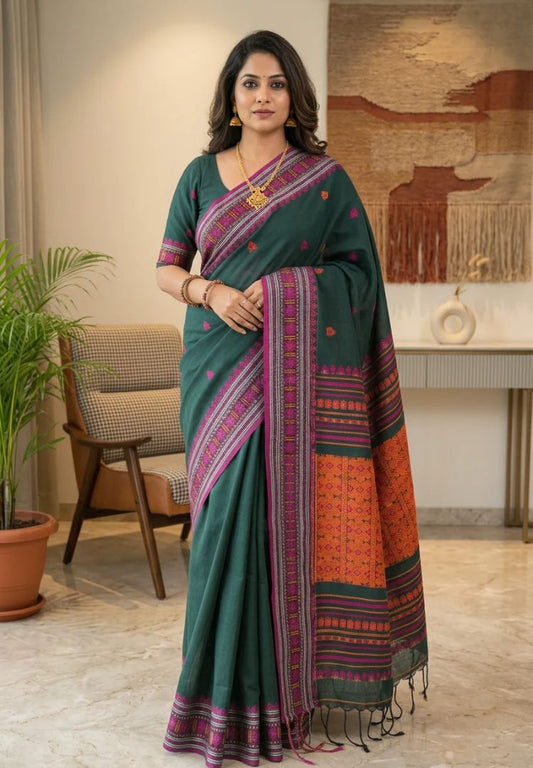 Forest green Assam hand weaving cotton saree