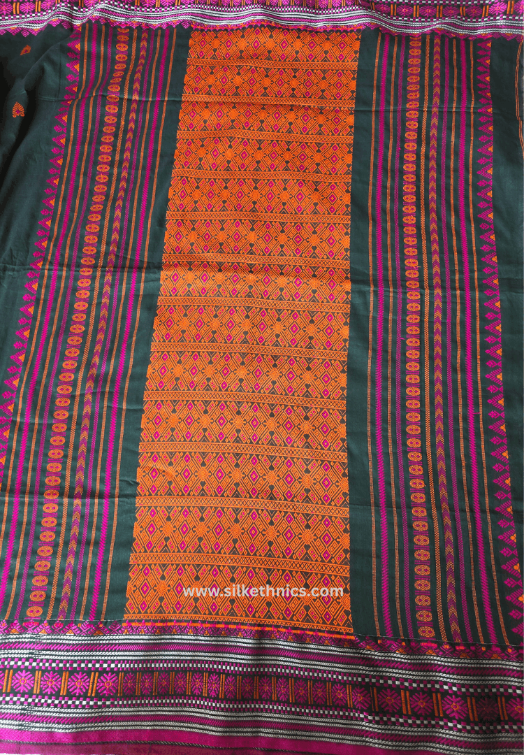Forest green Assam hand weaving cotton saree