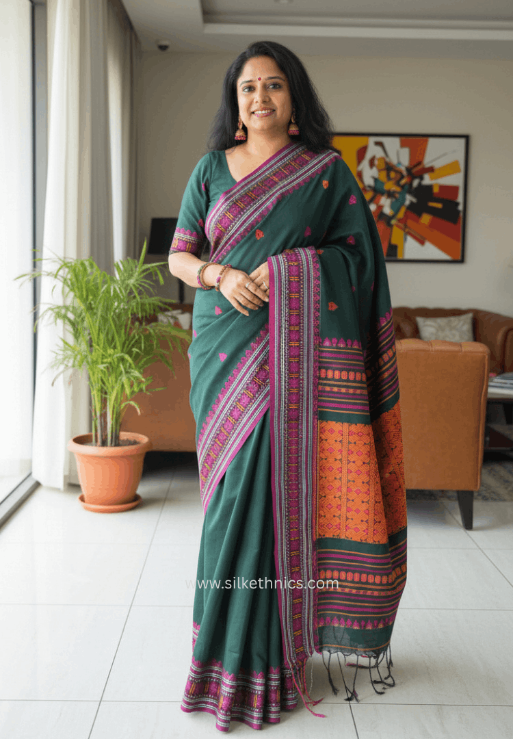 Forest green Assam hand weaving cotton saree