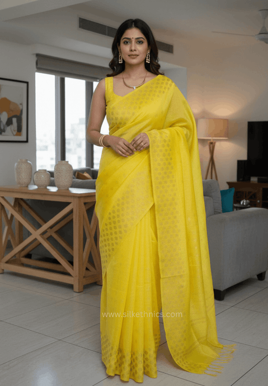 Golden Yellow Kota Linen Silk cutwork saree