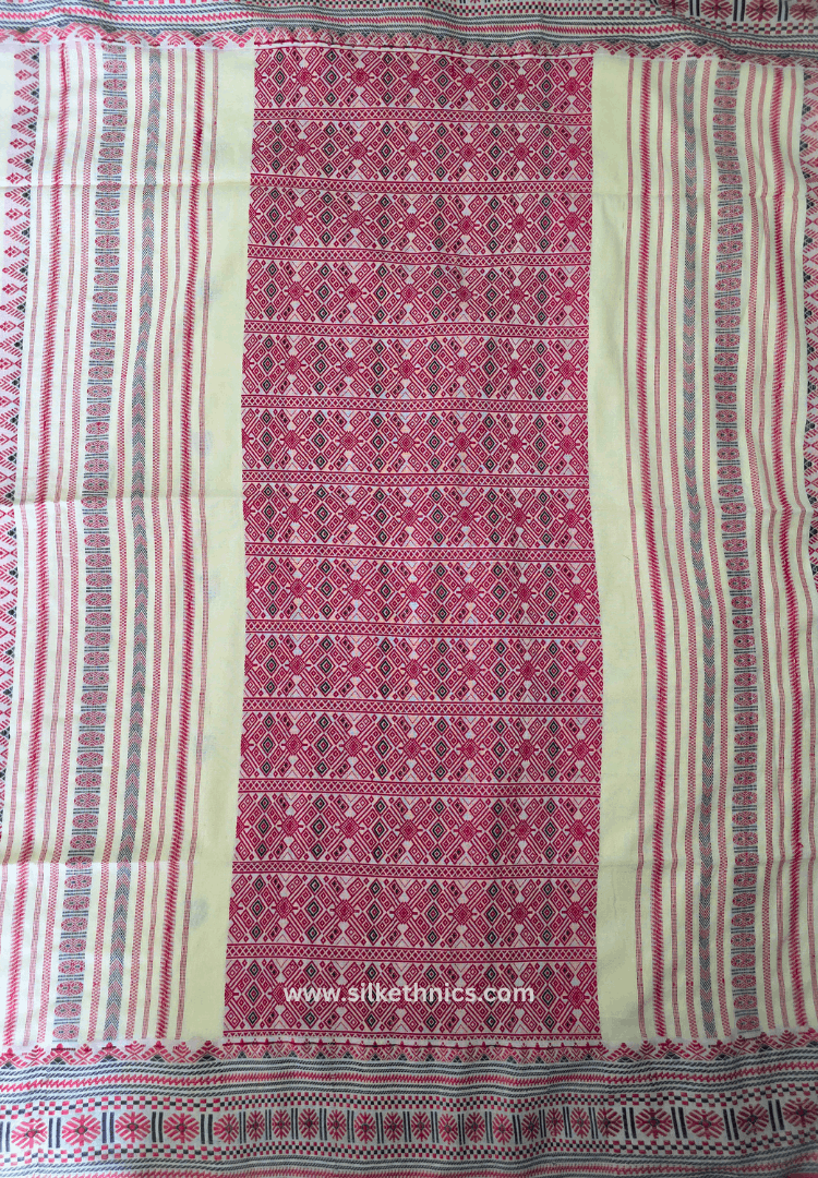 Classic Ivory and Red Assam handweaving cotton saree
