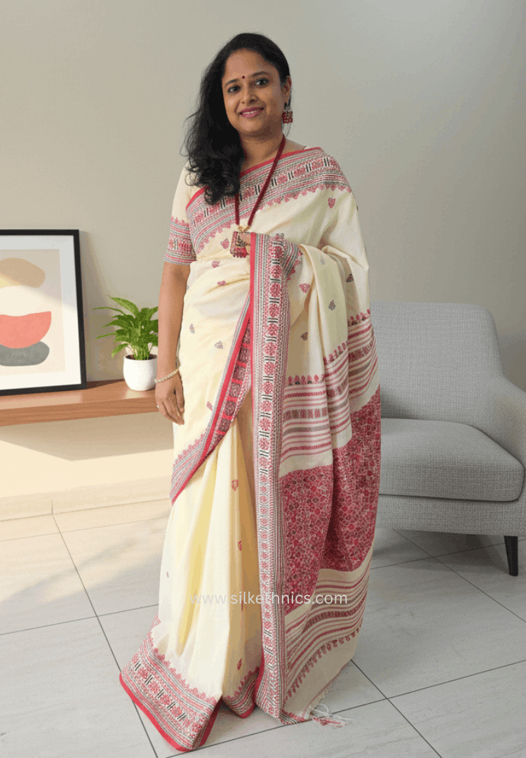Classic Ivory and Red Assam handweaving cotton saree